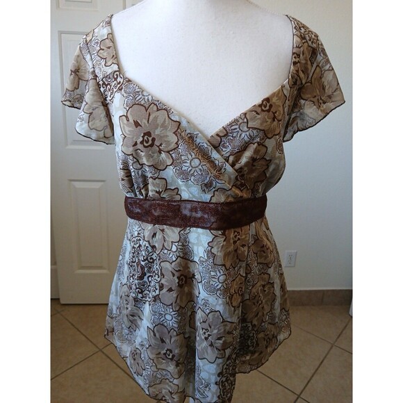 b.i.y.a.y.c.d. Women's Blouse Form Fitted Pullover Cap Sleeve V-Neck Brown Large - Picture 1 of 14